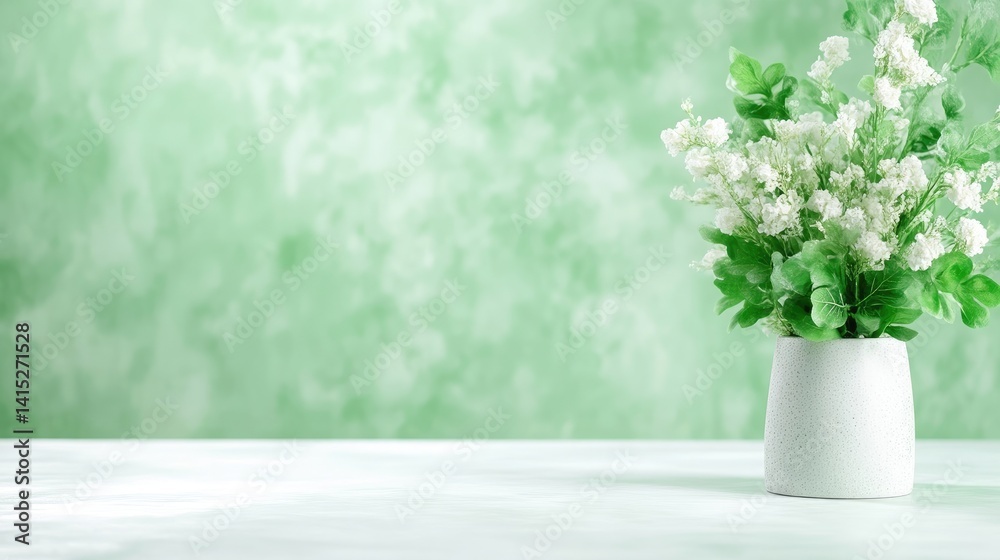 Naklejka premium A white vase with fresh green and white flowers standing on a clean white surface against a soft green textured background, and minimalist floral arrangement concept.