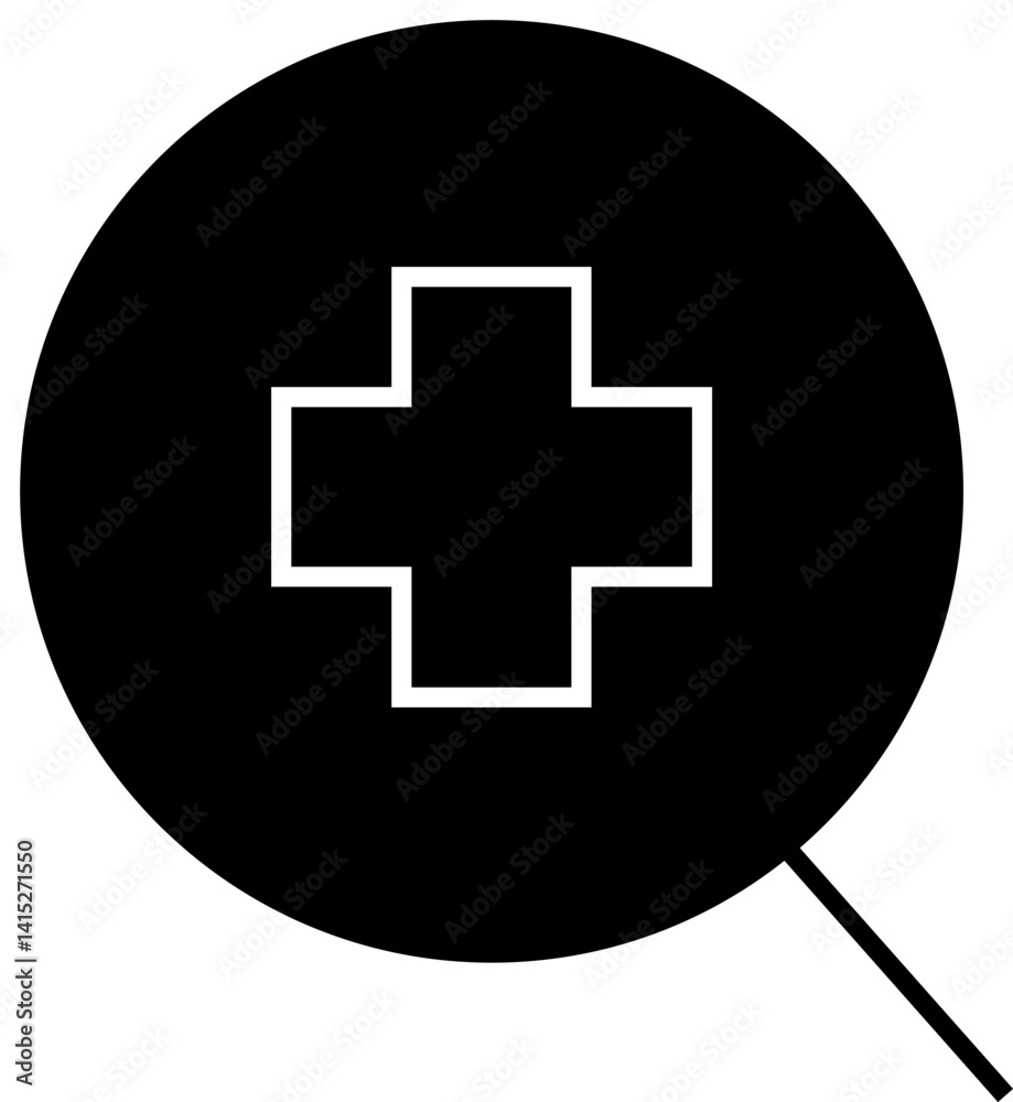 Obraz premium Magnifying glass icon focused on a medical cross, symbolizing medical research, diagnosis, or healthcare search – Transparent Background.