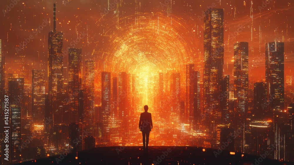 Silhouette of a person standing before a large, glowing orange and gold cityscape at night. Silhouette of a person standing before a large, glowing orange and gold cityscape at night.