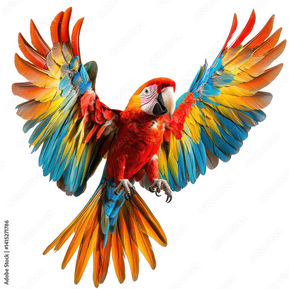 Fototapeta premium Scarlet macaw parrot flying wings spread vibrant colors black background on transparent background