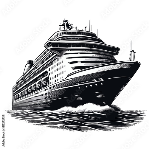  Detailed cruise ship drawing, black and white, ocean liner for travel