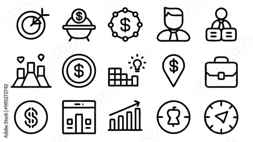 Black and white icons set is a vector illustration with business, travel, and sun symbols in silhouette design