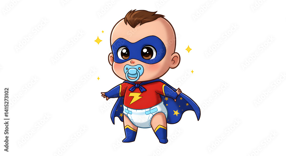Fototapeta premium A cartoon baby superhero with a lightning emblem on a red shirt, blue cape with stars, white diaper, and mohawk hairstyle, surrounded by sparkles.