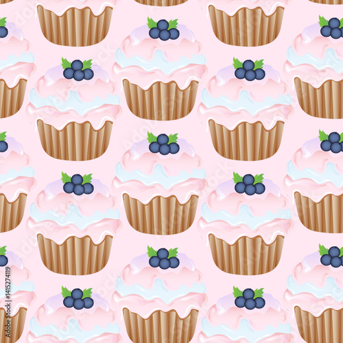 Seamless pattern for kitchen decor and more. Delicious cupcake with whipped cream and blueberry. Vector cartoon illustration of sweet food.