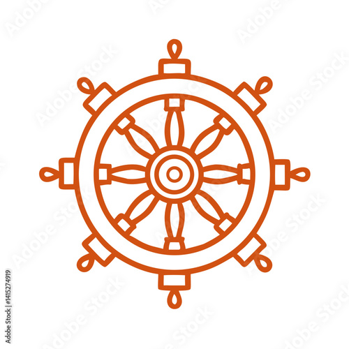 Dharma Wheel Icon, Buddhism Symbol, Orange Outline