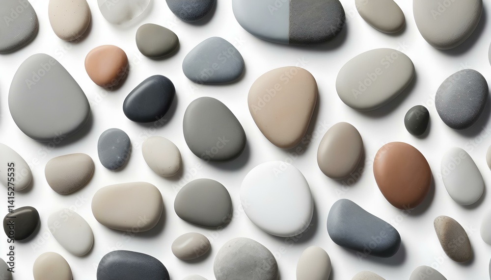 Various smooth, colorful pebbles are arranged on a white background for a serene visual. Various smooth, colorful pebbles are arranged on a white background for a serene visual.