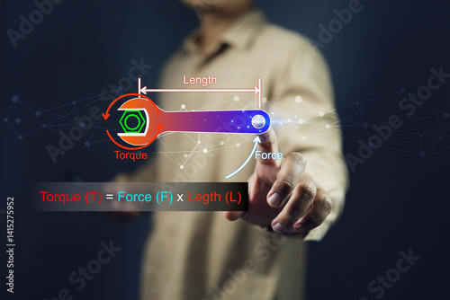 Torque concept with a person pointing at a wrench to show how to calculate torque according to the laws of physics.
