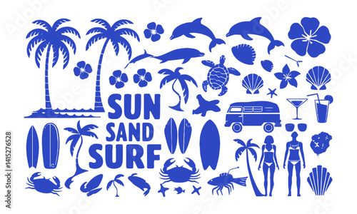 Vector illustration featuring a collection of tropical and beach-themed icons, easily editable.