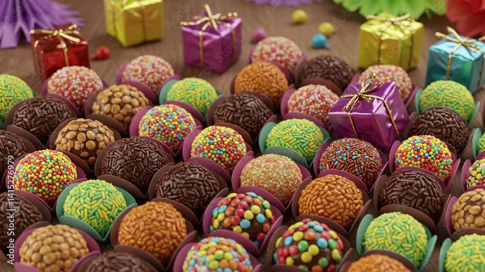 Brigadeiros arranged on a colorful party table with festive decorations in the background, Brazilian birthday celebration. zoom in
