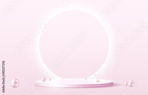 Abstract stage podium decorated with pearls and glowing neon circle lighting. Realistic pedestal on pink background. Product display podium with reflection of light. Vector illustration