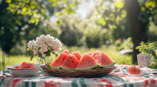 Obraz na płótnie Freshly cut watermelon on summer table w salonie