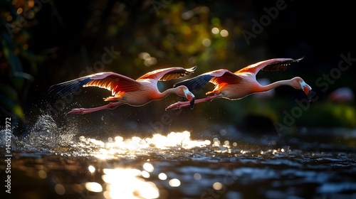 Pink flamingos in flight over water at sunrise.