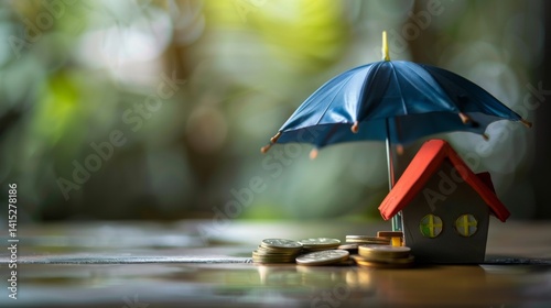 Wallpaper Mural Model of umbrella with house and coins on wooden table concept of the system of insurance savings and the cost of health insurance  Torontodigital.ca