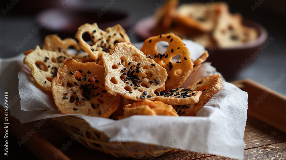 Fried lotus root chips with black sesame paper tray