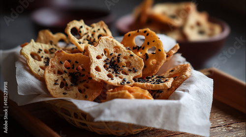 Obraz na płótnie Fried lotus root chips with black sesame paper tray w salonie