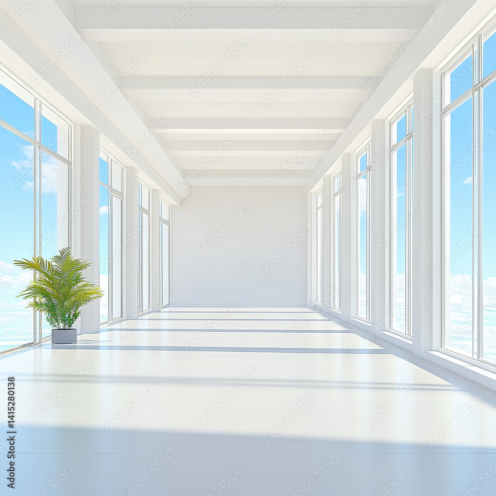 Fototapeta premium Bright and Spacious Minimalist Interior with Large Windows and Plant