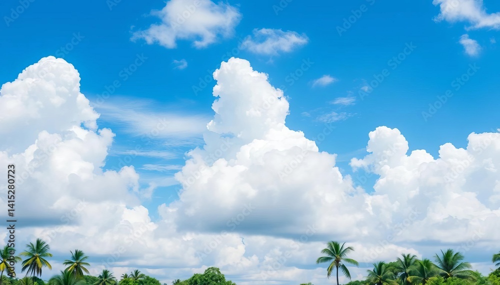 Obraz premium Vibrant blue sky, fluffy white clouds, lush tropical landscape, vacation, weather