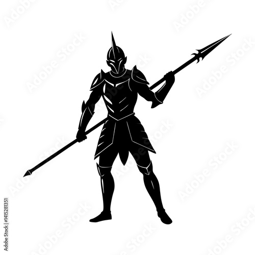 Illustration of armored warrior with spear design silhouette