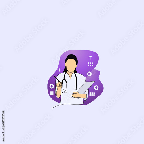 Flat illustration of a female doctor holding a clipboard and pen with a stethoscope around her neck, on a modern purple background. Medical professional concept