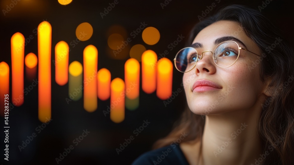 Young woman with glasses looks up thoughtfully against a backdrop of blurred warm toned vertical lights.