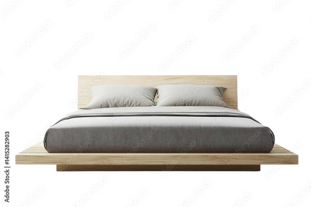Obraz premium Modern minimalist platform bed with light wood frame and neutral linen bedding showcasing simple elegance and peaceful serenity on a on transparent background