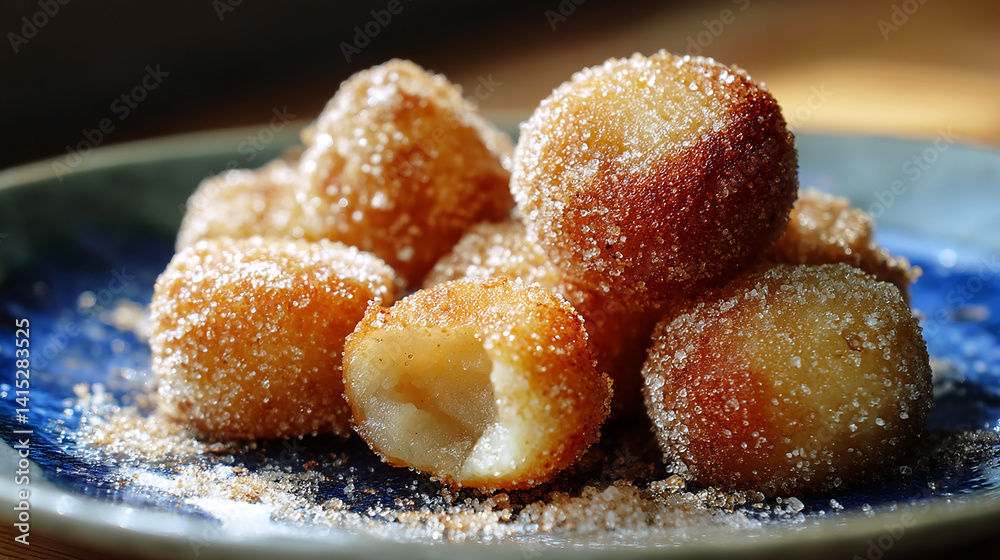 Fried mochi bites dusted with sugar rustic snack sty