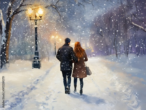 Young Romantic Couple Standing Together on Fresh Snow in a Peaceful Winter Park, young couple walking in winter park