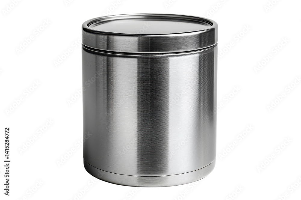 Sleek silver cylindrical container with textured metallic finish isolated on a black background ideal for product packaging or design on transparent background