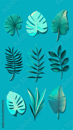 Tropical leaves collection on blue background
