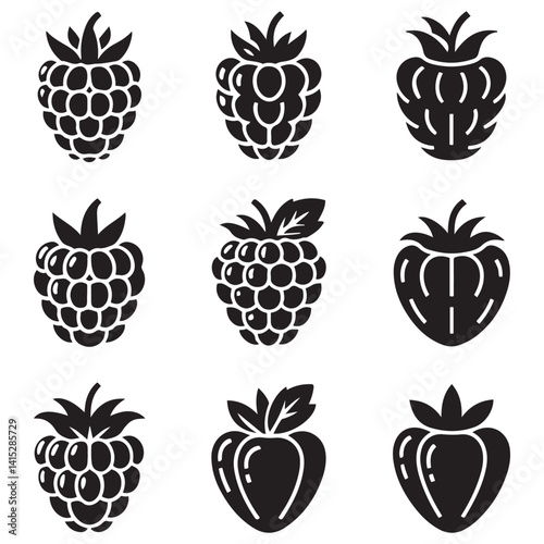 Raspberry Vector Black silhouettes icon illustration. Flat berry sweet healthy organic fruit raspberry blackberry. with white background