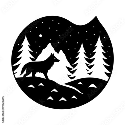 Lone wolf silhouette in winter forest landscape art