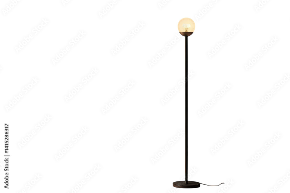 Elegant Modern Floor Lamp with a Spherical Glass Shade Illuminating a Dark Room showcasing minimalist design and subtle warm light on transparent background Elegant Modern Floor Lamp with a Spherical Glass Shade Illuminating a Dark Room showcasing minimalist design and subtle warm light on transparent background