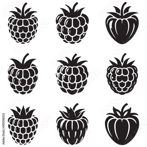 Raspberry Vector Black silhouettes icon illustration. Flat berry sweet healthy organic fruit raspberry blackberry. with white background
