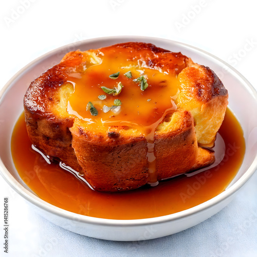  Brioche Bread Pudding with Bourbon-Caramel Sauce white background
