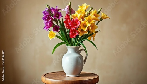 Vibrant gladioli in ceramic vase atop simple wooden stool, Renaissance style, texture, art