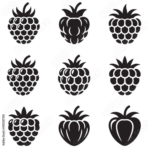 Raspberry Vector Black silhouettes icon illustration. Flat berry sweet healthy organic fruit raspberry blackberry. with white background