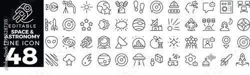 Space Astronomy Icon Set: A Line Icon Collection Featuring Stars, Planets, Telescope, Galaxy, Rocket, Moon, Comet, and More
