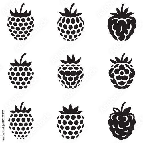 Raspberry Vector Black silhouettes icon illustration. Flat berry sweet healthy organic fruit raspberry blackberry. with white background
