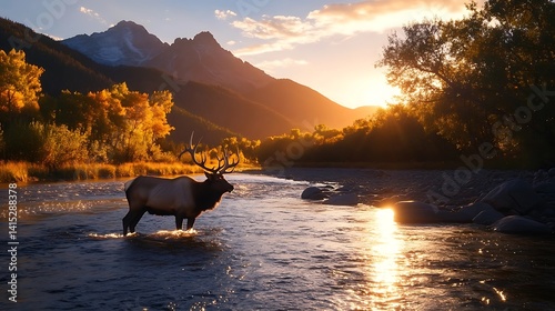 Majestic elk at sunset, mountain river, autumn. photo