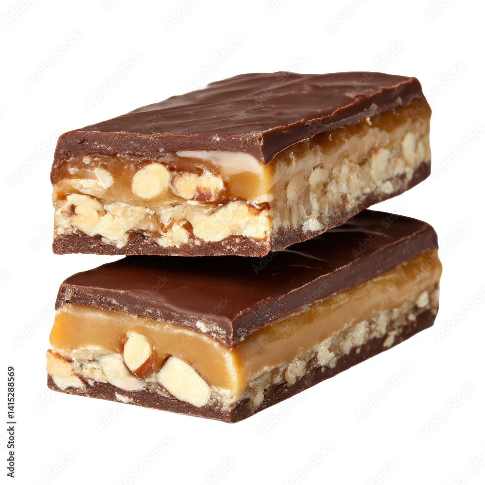 A stack of two chocolate caramel nut bars on a plain isolated background A stack of two chocolate caramel nut bars on a plain isolated background