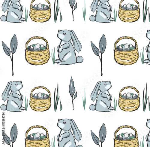 Vector easter seamless pattern of many cute bunnies, big wicker basket with eggs. Hand drawn cartoon print. Holiday background. Doodle style pencil sketch. Festive graphic element for packaging design