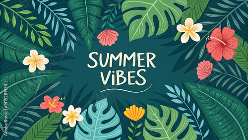 Decorative leafy border framing “Summer Vibes” text with lively flowers, creating a fun and tropical feeling.