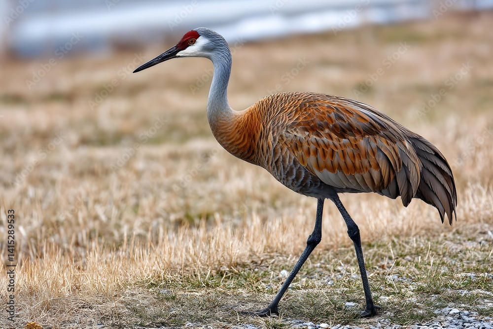 Obraz premium Sandhill crane strides across a wintry meadow.