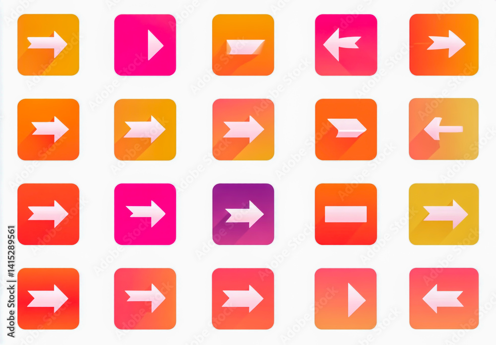 Flat design set of orange and pink arrow icons with rounded corners, minimalistic shapes, color gradients, and paper cut-out details on a white background Flat design set of orange and pink arrow icons with rounded corners, minimalistic shapes, color gradients, and paper cut-out details on a white background