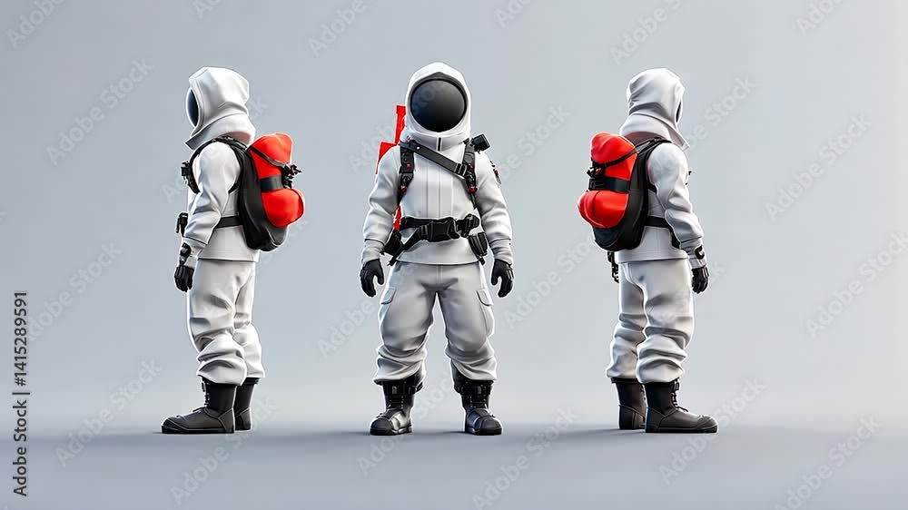 Futuristic astronaut figure in white suit with red backpack, displayed from multiple angles Futuristic astronaut figure in white suit with red backpack, displayed from multiple angles