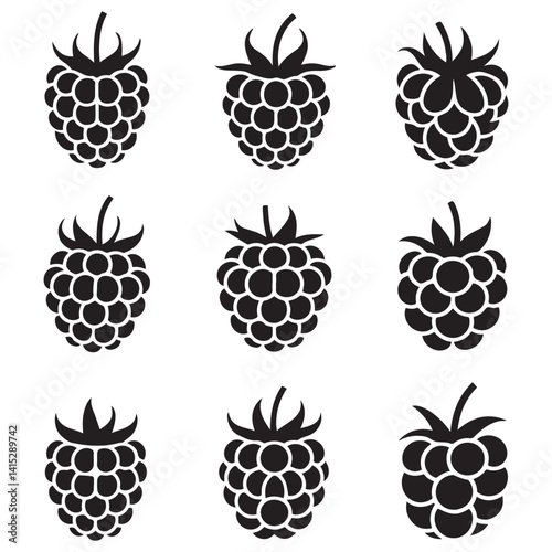Raspberry Vector Black silhouettes icon illustration. Flat berry sweet healthy organic fruit raspberry blackberry. with white background