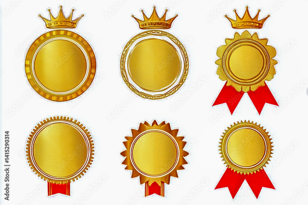 High-resolution vector illustration of gold round badges with crowns and ribbon decorations, in flat design with red accents on a white background, front view High-resolution vector illustration of gold round badges with crowns and ribbon decorations, in flat design with red accents on a white background, front view
