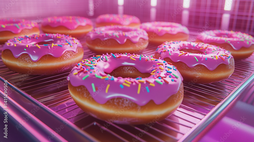 Glistening glazed donuts in bakery tray