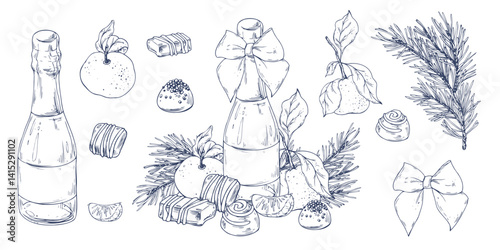 Christmas collection with tangerines, sweets, spices, champagne and plants. Graphic illustration hand drawn in black ink. A set of separate isolated elements of objects EPS vector.