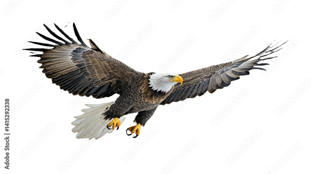 Fototapeta premium Bald eagle flying on a white background with a flag faintly visible in the distance symbolizing freedom and strength